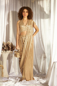 Saia Metallic Slit Saree with Embellished Sequins Blouse - Glossy Beige