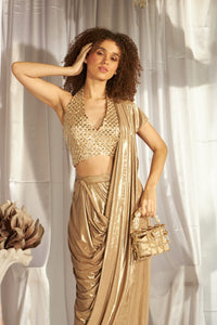 Saia Metallic Slit Saree with Embellished Sequins Blouse - Glossy Beige