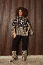 Load image into Gallery viewer, Reyna Gara Glazed Cape Jacket With Coordinated Plain Pants- Black