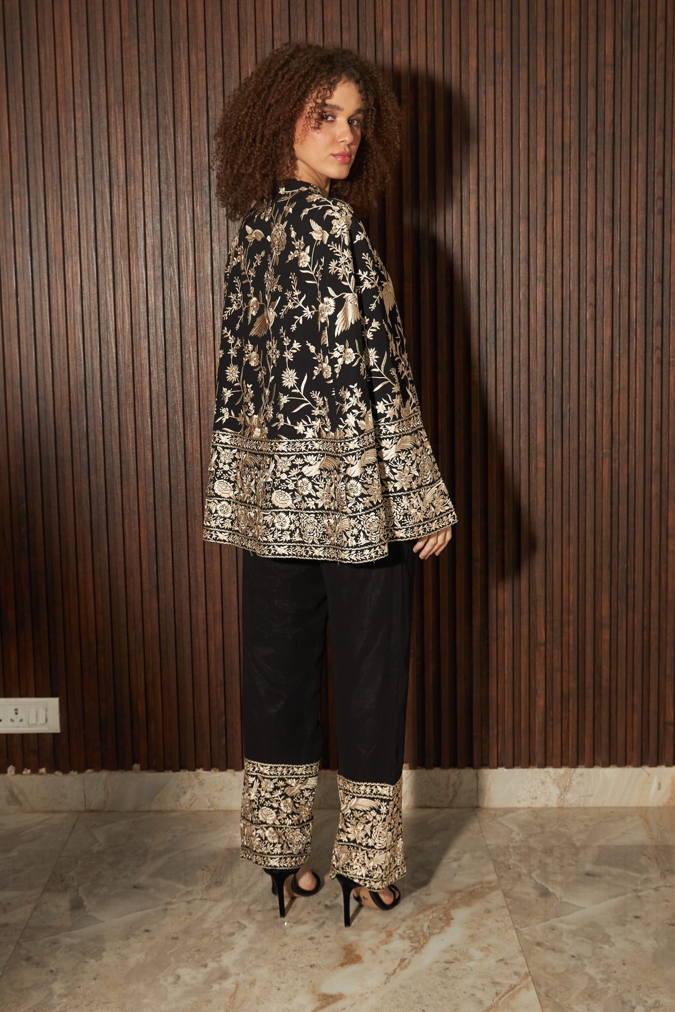 Reyna Gara Glazed Cape Jacket With Coordinated Plain Pants- Black