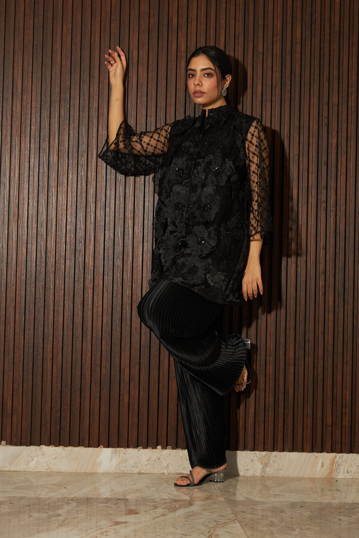 Fragrant Floral Applique Tunic Co-ordinated with Pleated Pants - Black