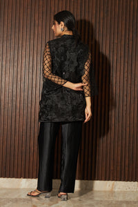 Fragrant Floral Applique Tunic Co-ordinated with Pleated Pants - Black