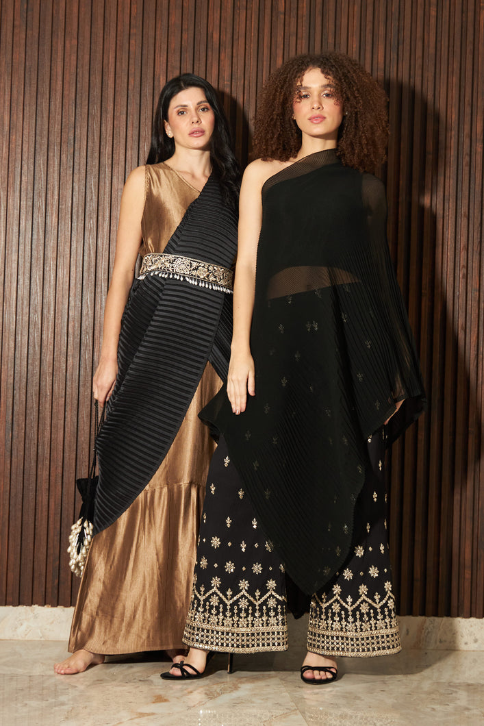 Reyna Glazed Classy Pleated Color Block Gown Saree with Gara Belt- Black & Brown
