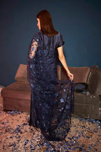 Load image into Gallery viewer, Idylic Adorned Gown Saree with Floral Mesh Pallah - Midnight Blue