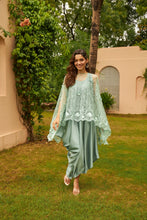 Load image into Gallery viewer, Sahanna Scalloped Floral Mesh Cape with Slip Easy Dress - Cool Green