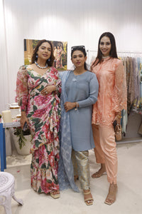 Ahana Mehta Mehrotra in our Elegant Pleated & Brocade Tunic Set with Dupatta and Potli- Pastel Blue