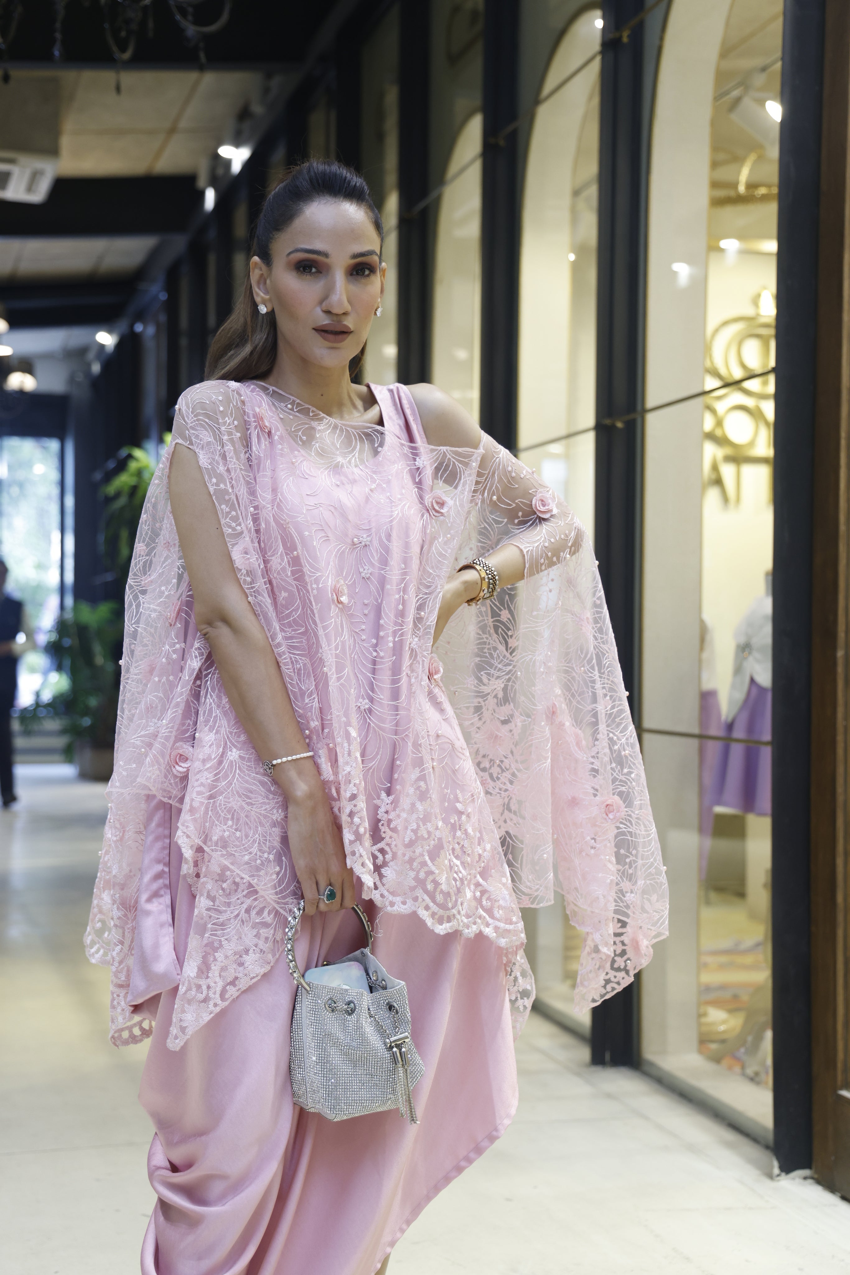 Harpreeth Suri (momwearsprada) in our Sahanna Scalloped Floral Mesh Cape with Slip Easy Dress - Blush