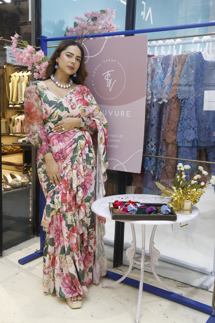 Chandni Girdhar in our Floral Fantasy Ruffled Skirt Saree with Puff Sleeve Blouse - Pink Magic