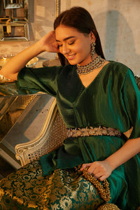 Nora Asymmetrical Top with Brocade Ghagra and Velvet Zardozi Belt - Green