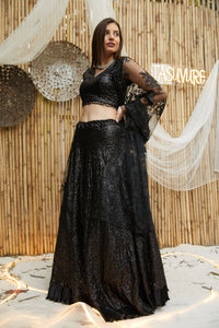 Bedazzling Sequence Ghagra with Sequence Blouse and Belt - Jade Black