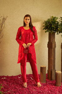 Fragrant Floral Uptown Sequence Tunic Co-ordinated with Pleated Pants - Red