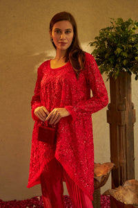 Fragrant Floral Uptown Sequence Tunic Co-ordinated with Pleated Pants - Red