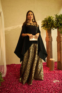 Divine Embroidered Cape with Brocade Ghagra - Black