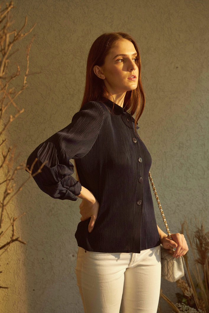 Regan Ruched Shirt Top - Blue