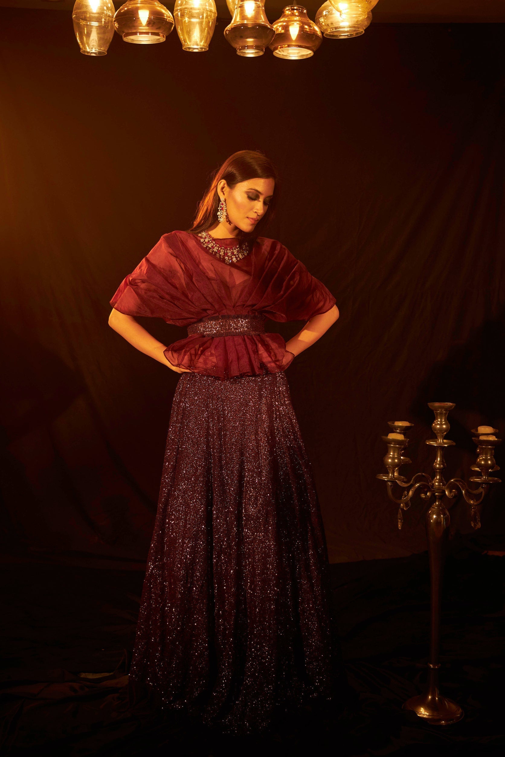 Bedazzling Sequence Ghagra with Organza Ruffle Blouse and Belt - Wine