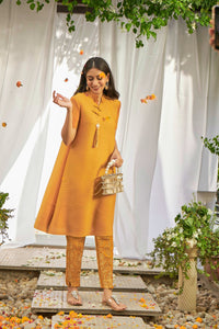 Elegant One Button Brocade Tunic Set - Yellow