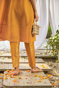 Elegant One Button Brocade Tunic Set - Yellow