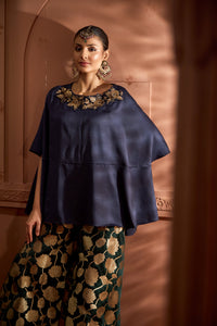 Kiri Embroidered Kaftan With Banarasi Lotus Flared Pant - Blue