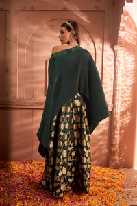 Divine Embroidered Cape Set With Banarasi Lotus Ghaghra - Green