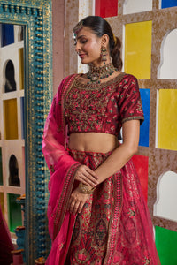 Banarasi Begum Ghaghra With Embroidered Blouse And Chunni - Royal Red