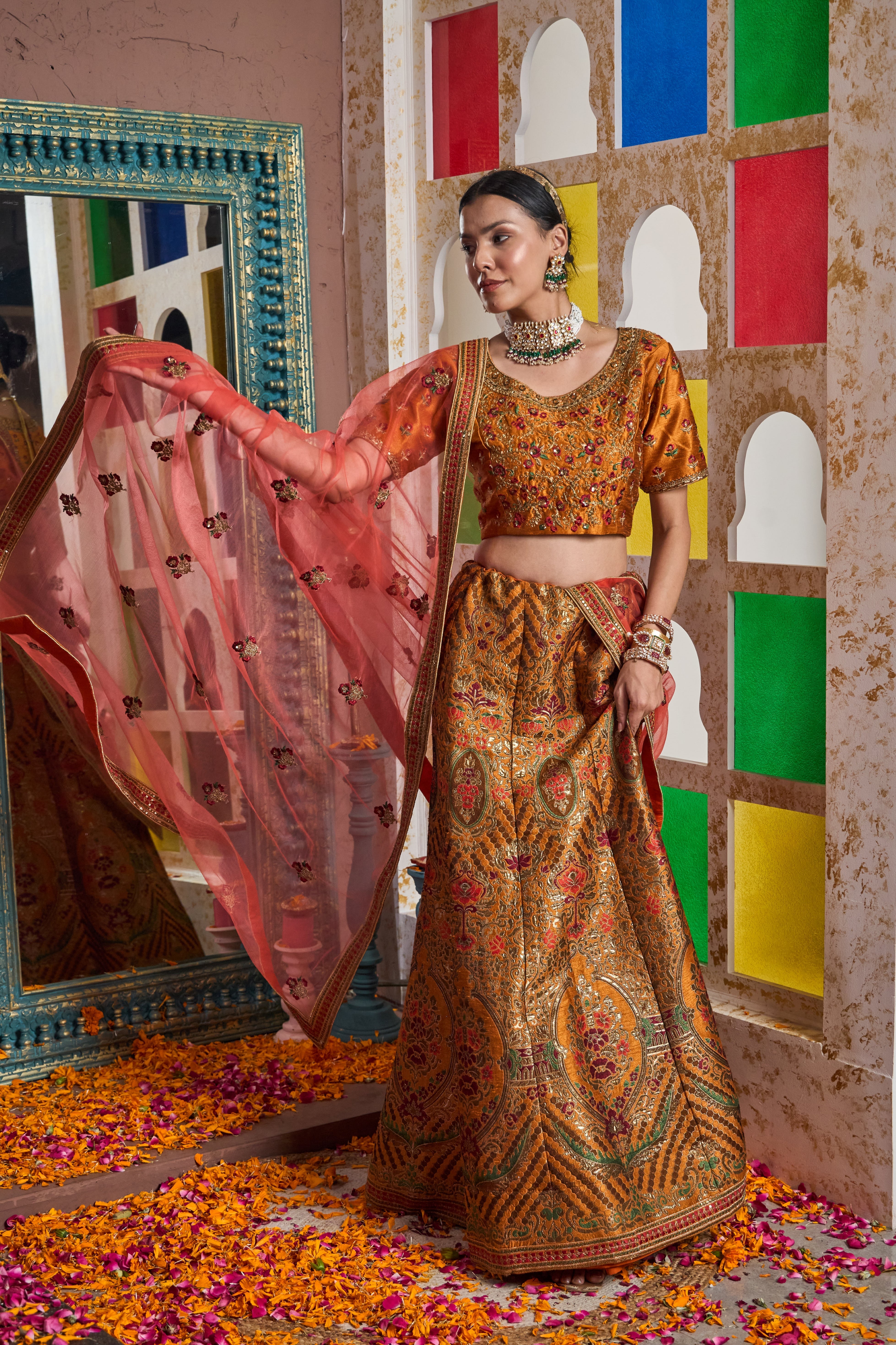 Banarasi Begum Ghaghra With Embroidered Blouse And Chunni - Orange