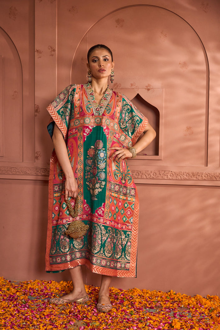 Banarasi Begum Embroidered Kaftan - Orange