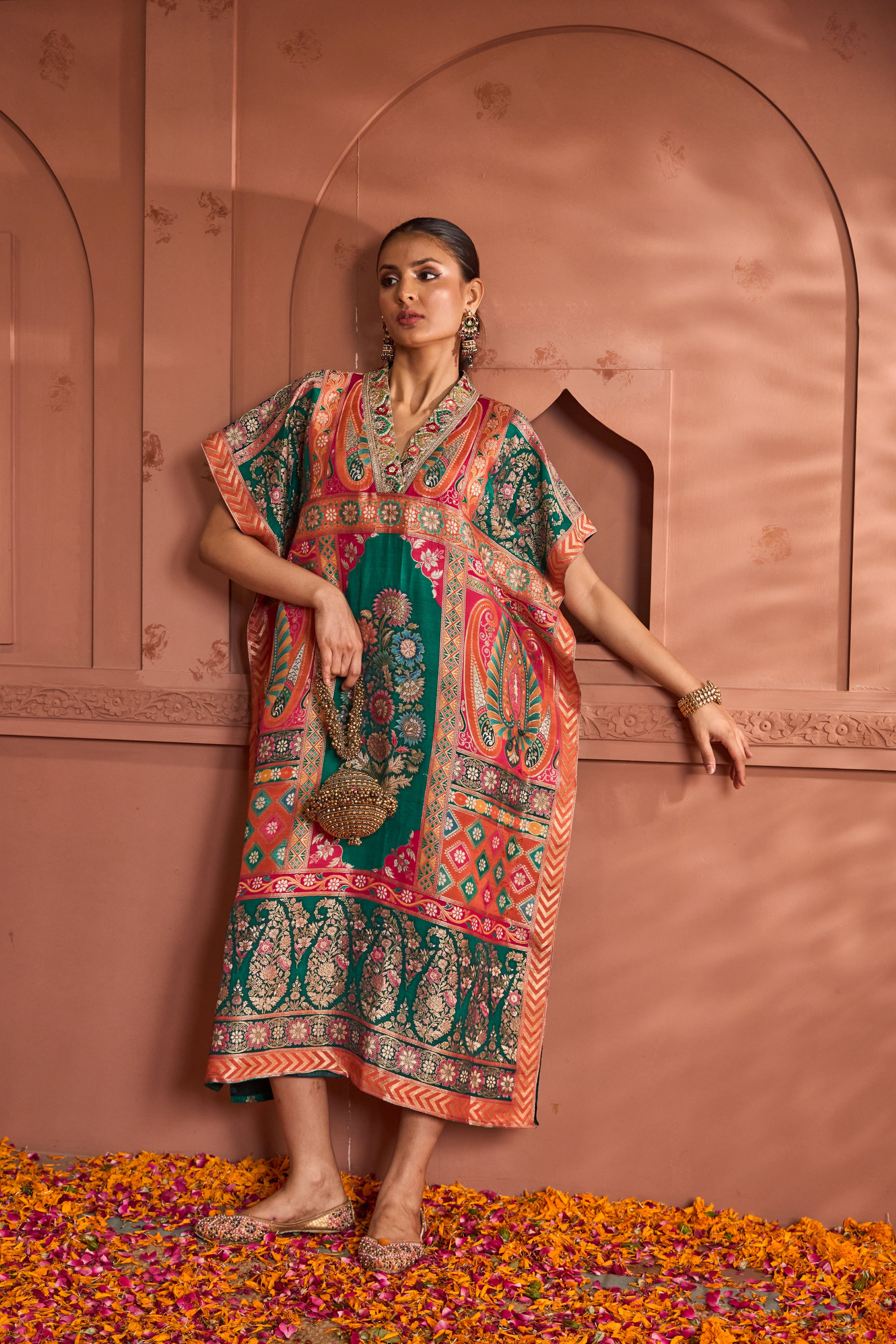 Banarasi Begum Embroidered Kaftan - Orange