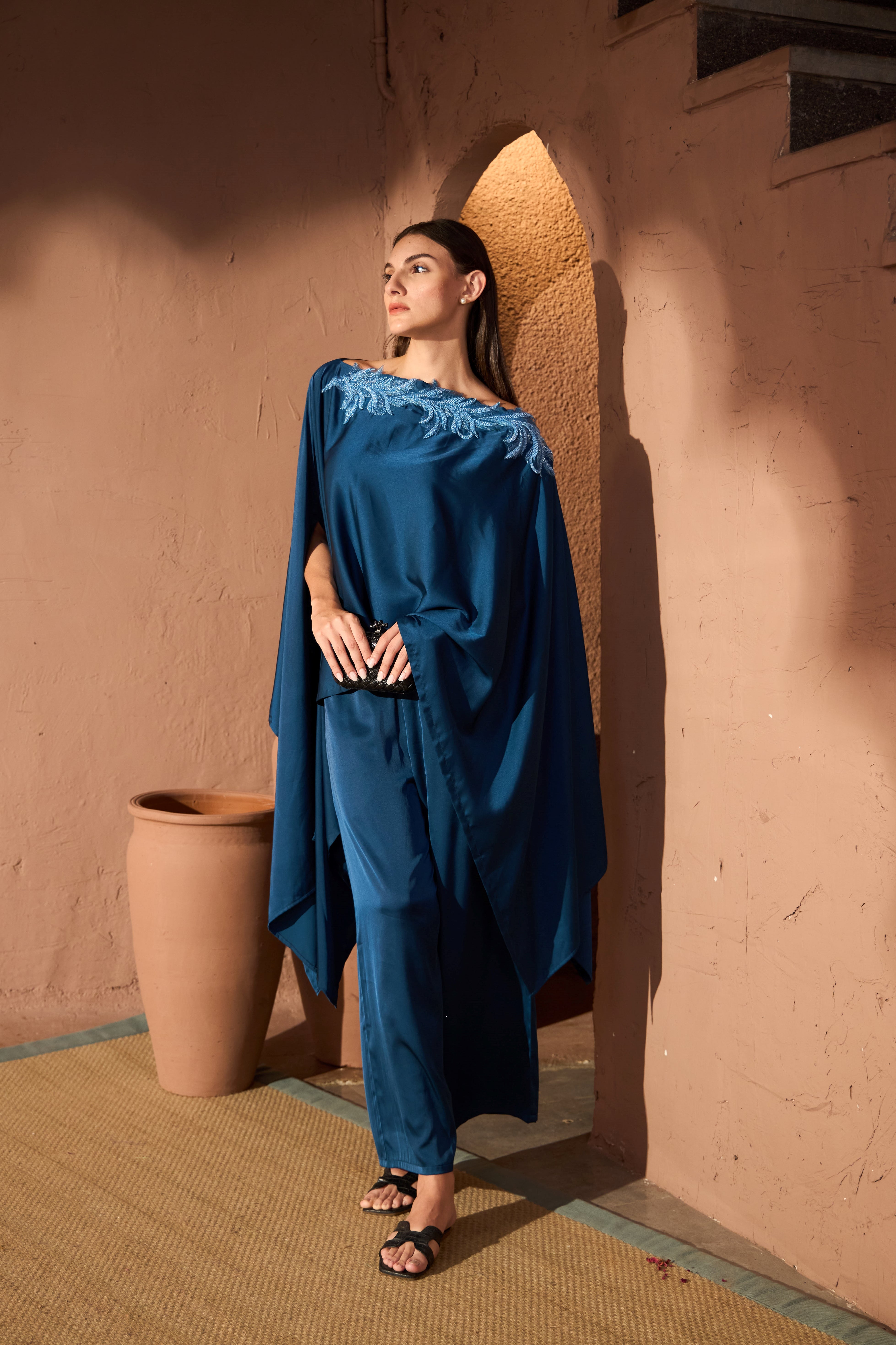 Divine Sequins Embroidered Cape Co-ordinated with Pants - Navy Blue