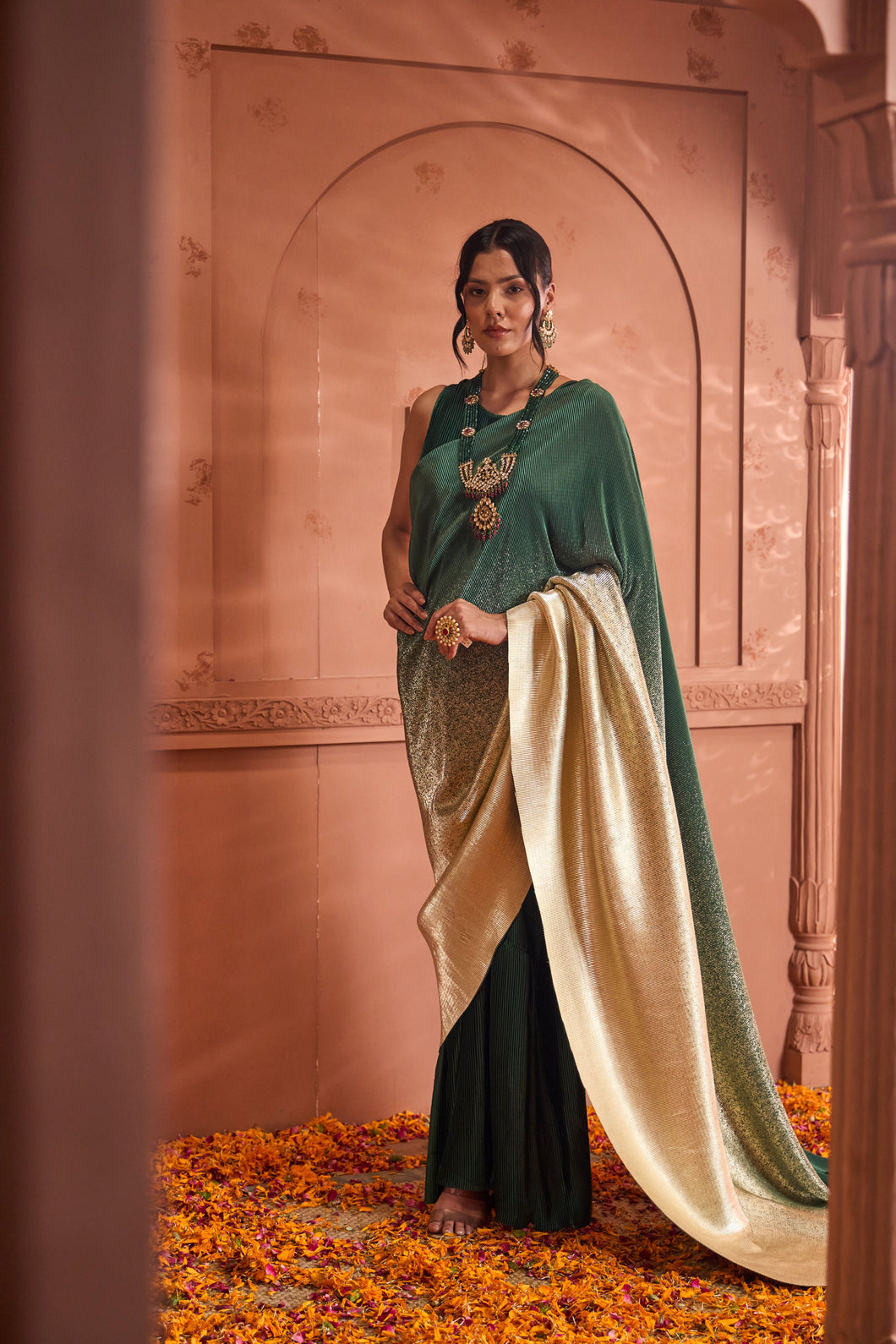 Idylic Adorned Gown Saree With Umbrous Palla  - Green