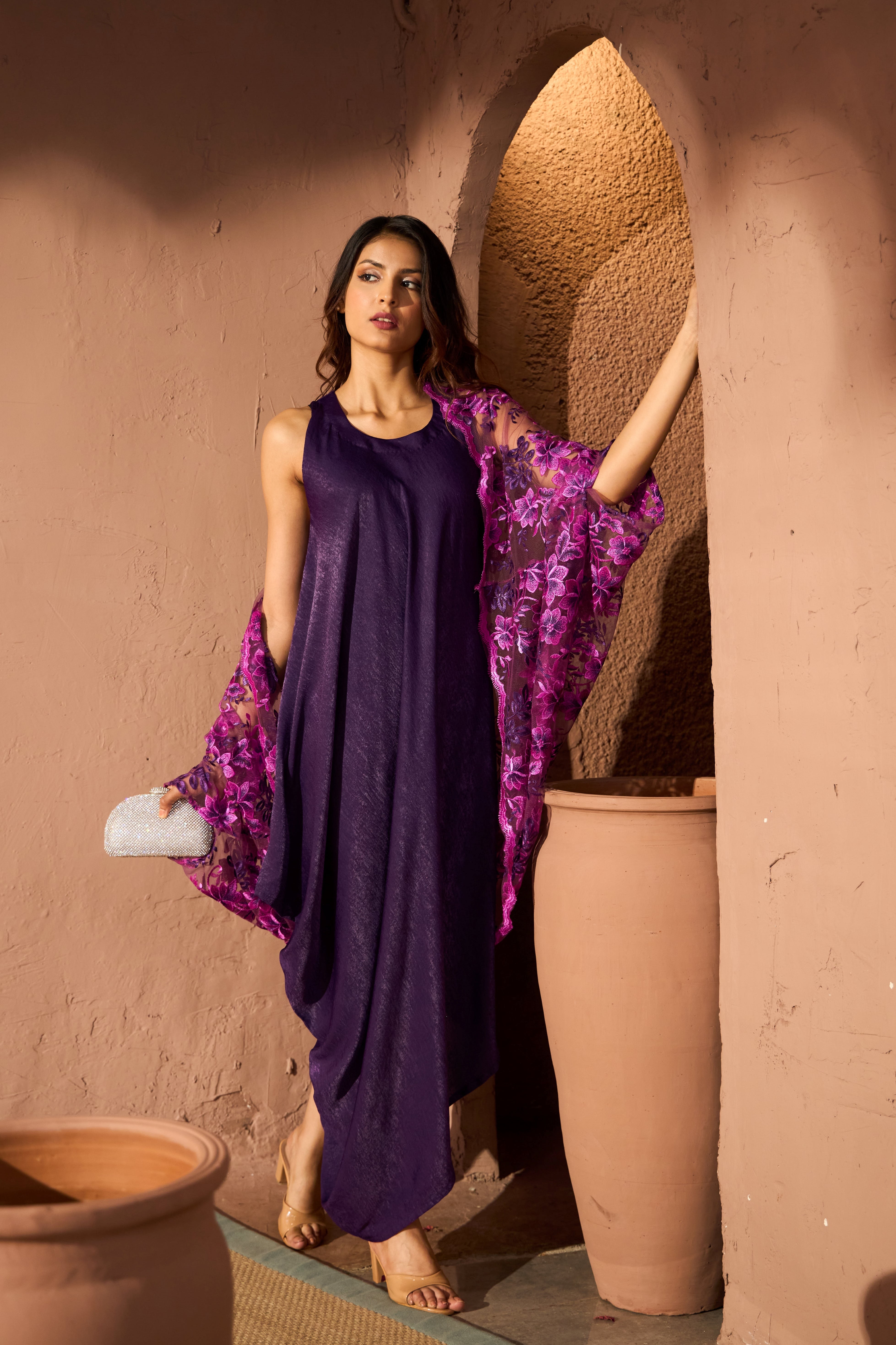 Slip Easy Dress With Chantilily Lace Cape - Purple