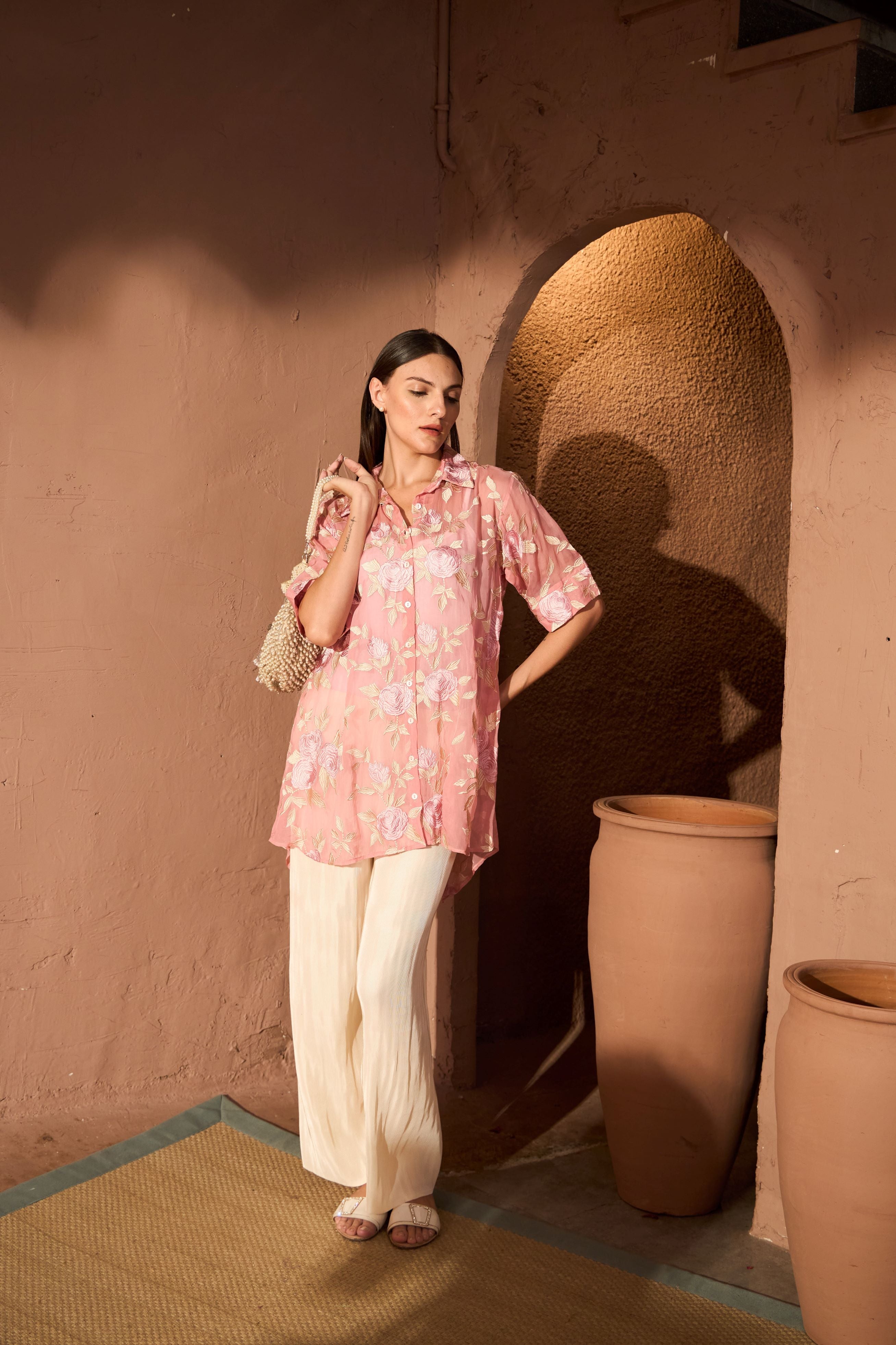 Elahe Rose Embroidered Tunic With Pleated Pants - Pink