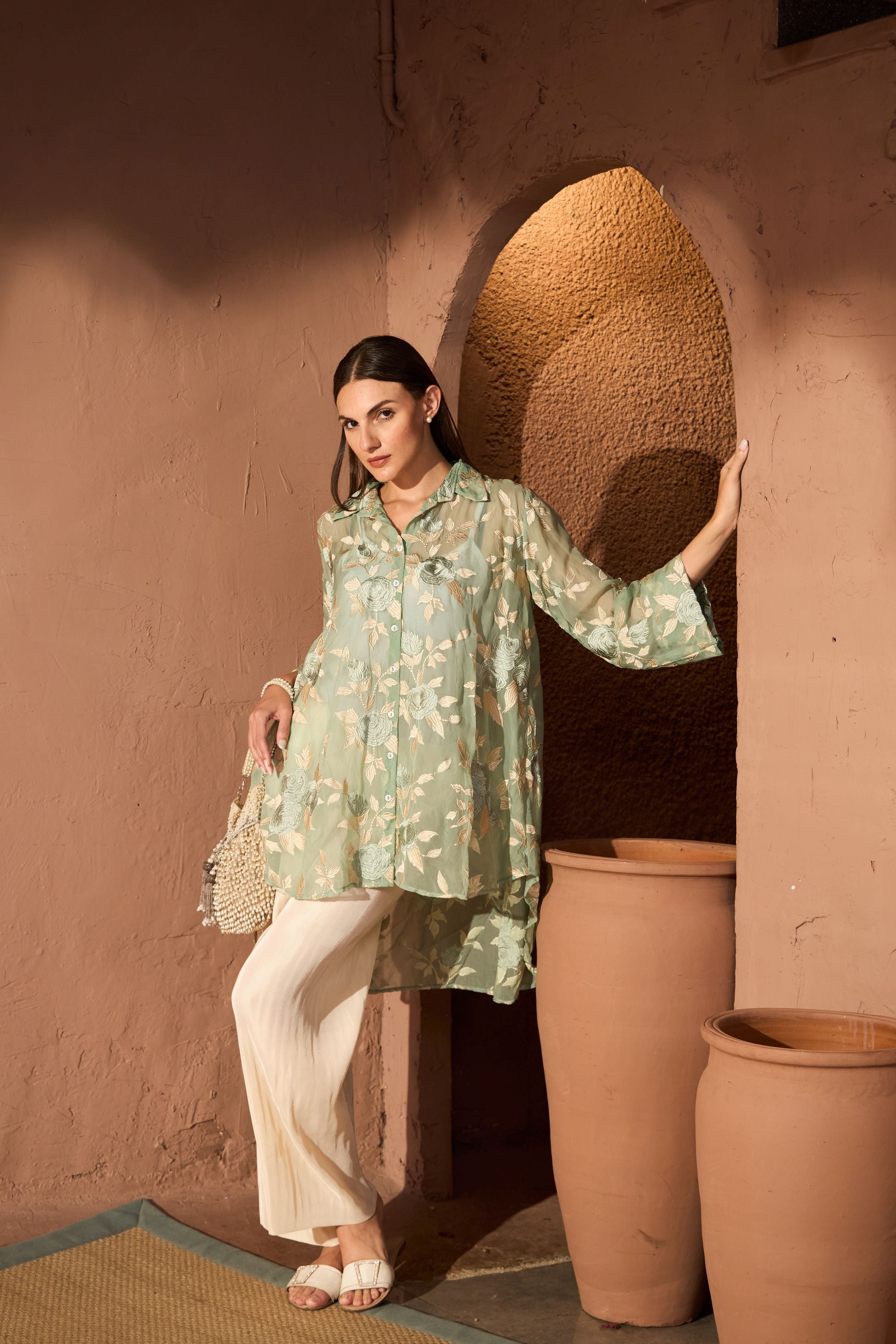 Elahe Rose Embroidered Tunic With Pleated Pants - Green