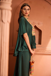 Kiri Patch Work Kaftan Top With Flared Pant - Emerald Green