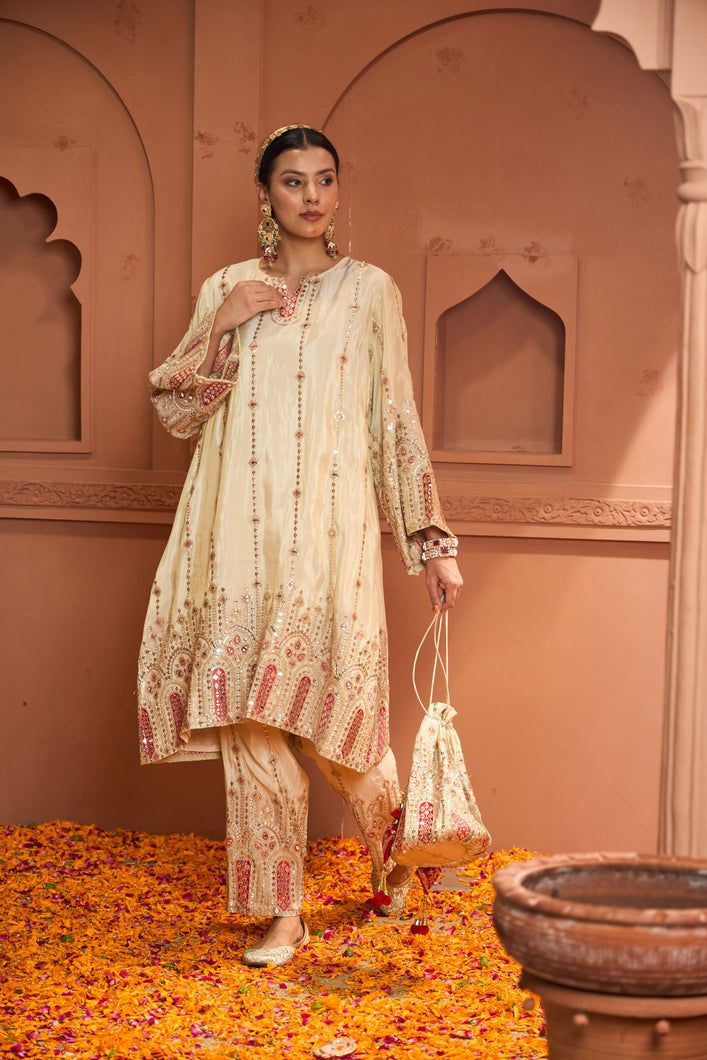 Tissue 3 Piece Kurta Set - Ivory