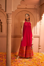 Load image into Gallery viewer, Pataka Red Halter With Flared Brocade Pants Set