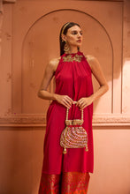 Load image into Gallery viewer, Pataka Red Halter With Flared Brocade Pants Set