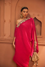 Load image into Gallery viewer, Divine Embroidered Cape Set With Banarasi Flared Pant - Fuschia