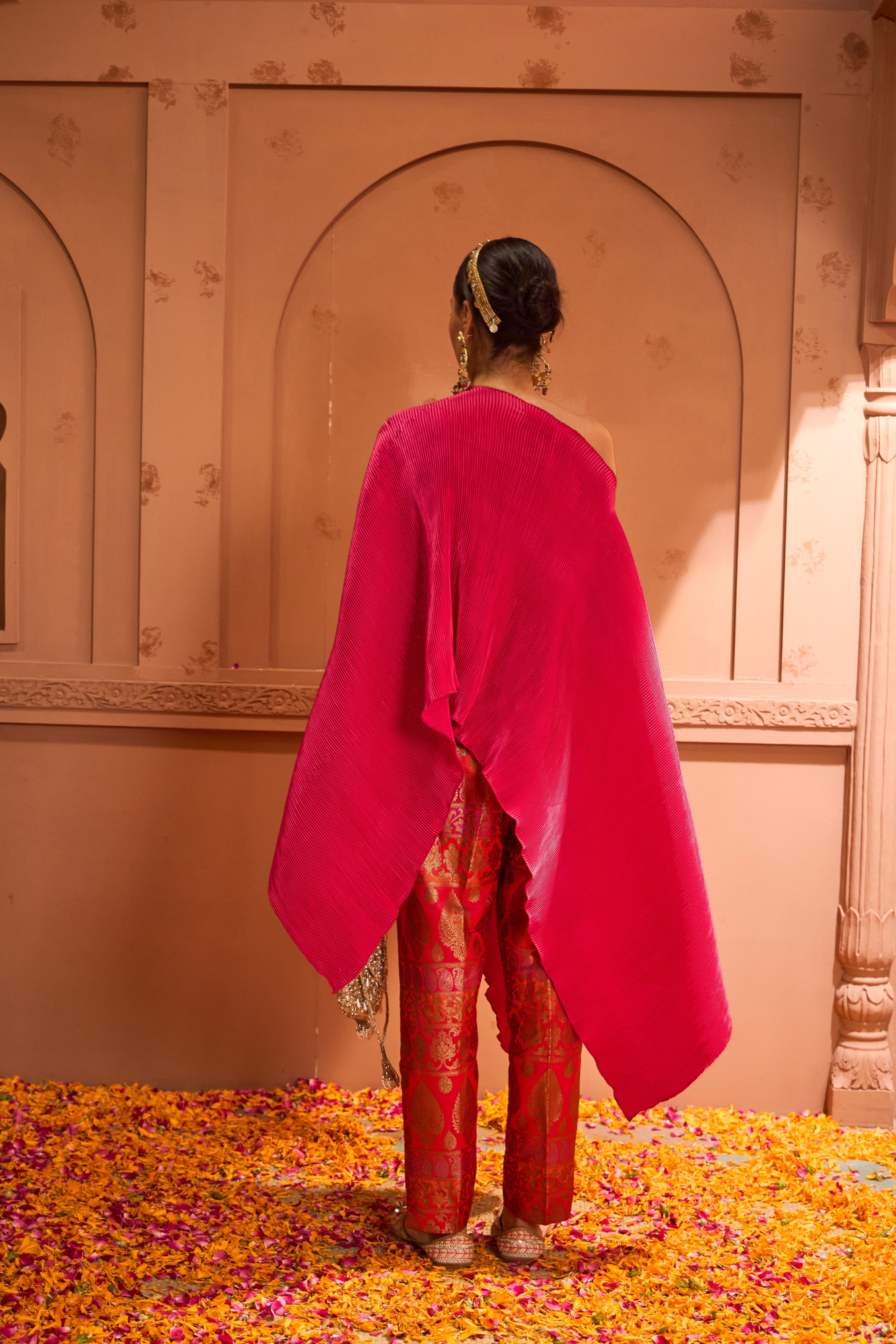 Divine Embroidered Cape Set With Banarasi Flared Pant - Fuschia