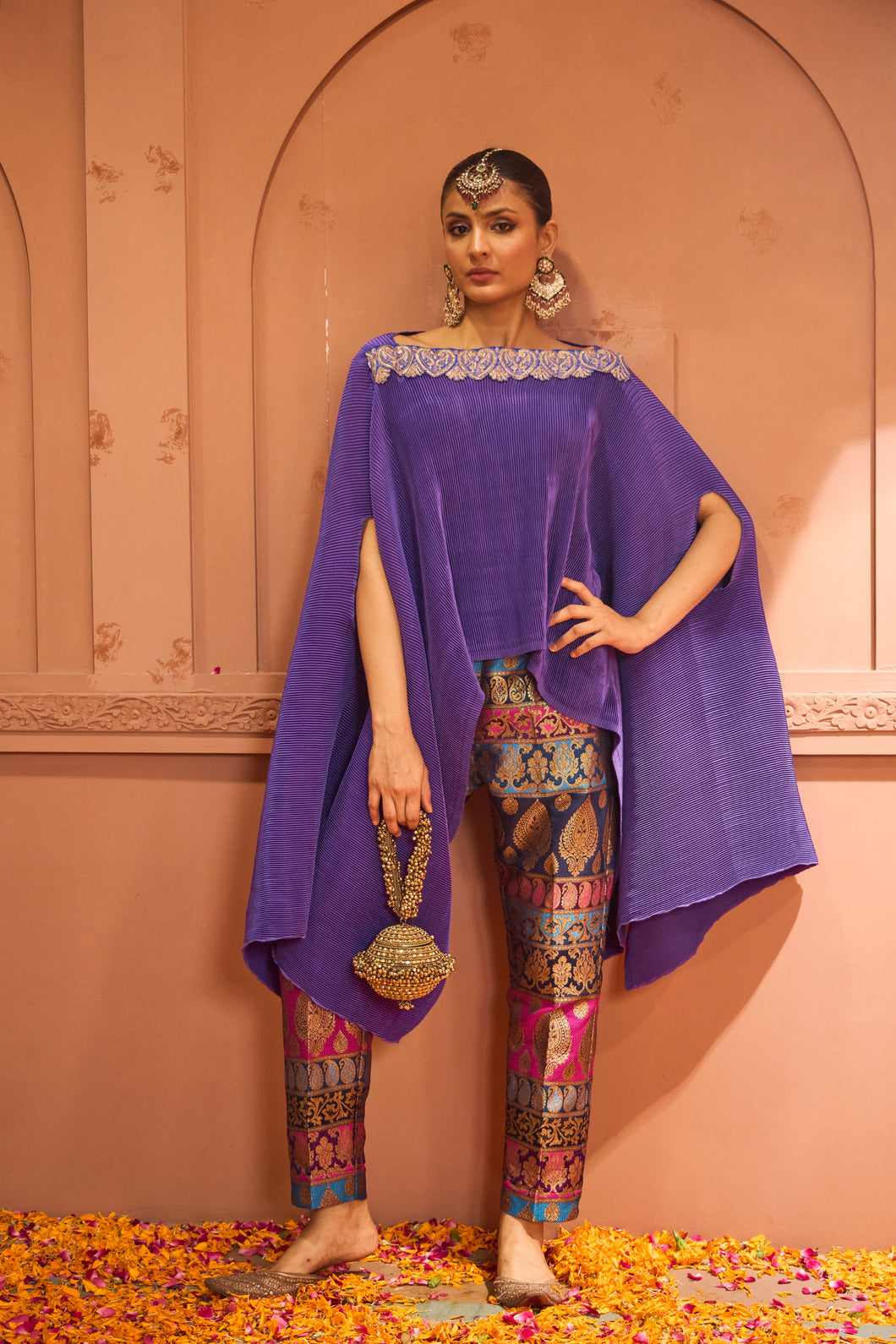 Divine Embroidered Cape Set With Colorful Brocade Pant - Hibiscus