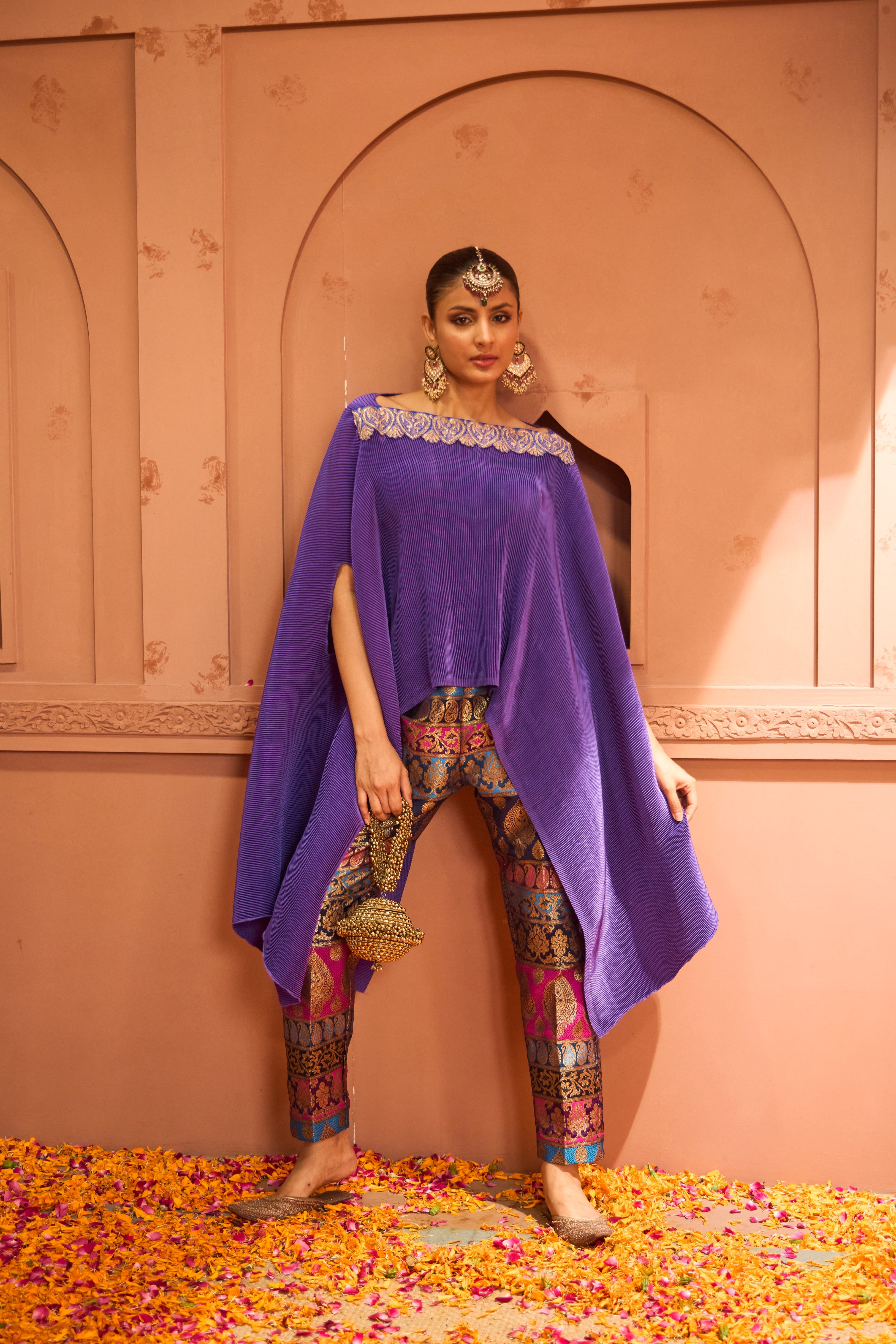 Divine Embroidered Cape Set With Colorful Brocade Pant - Hibiscus