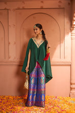 Load image into Gallery viewer, Divine V-Neck Embroidered Cape Set With Colorful Brocade Pant - Green