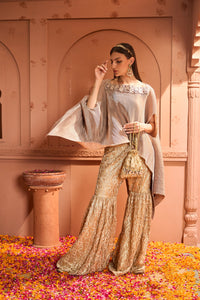 Divine Embroidered Cape With Lace Dori Sharara - Nude