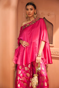 Kiri Embroidered Kaftan With Colorful Banarasi Lotus Flared Pant - Fuschia