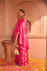 Kiri Embroidered Kaftan With Colorful Banarasi Lotus Flared Pant - Fuschia