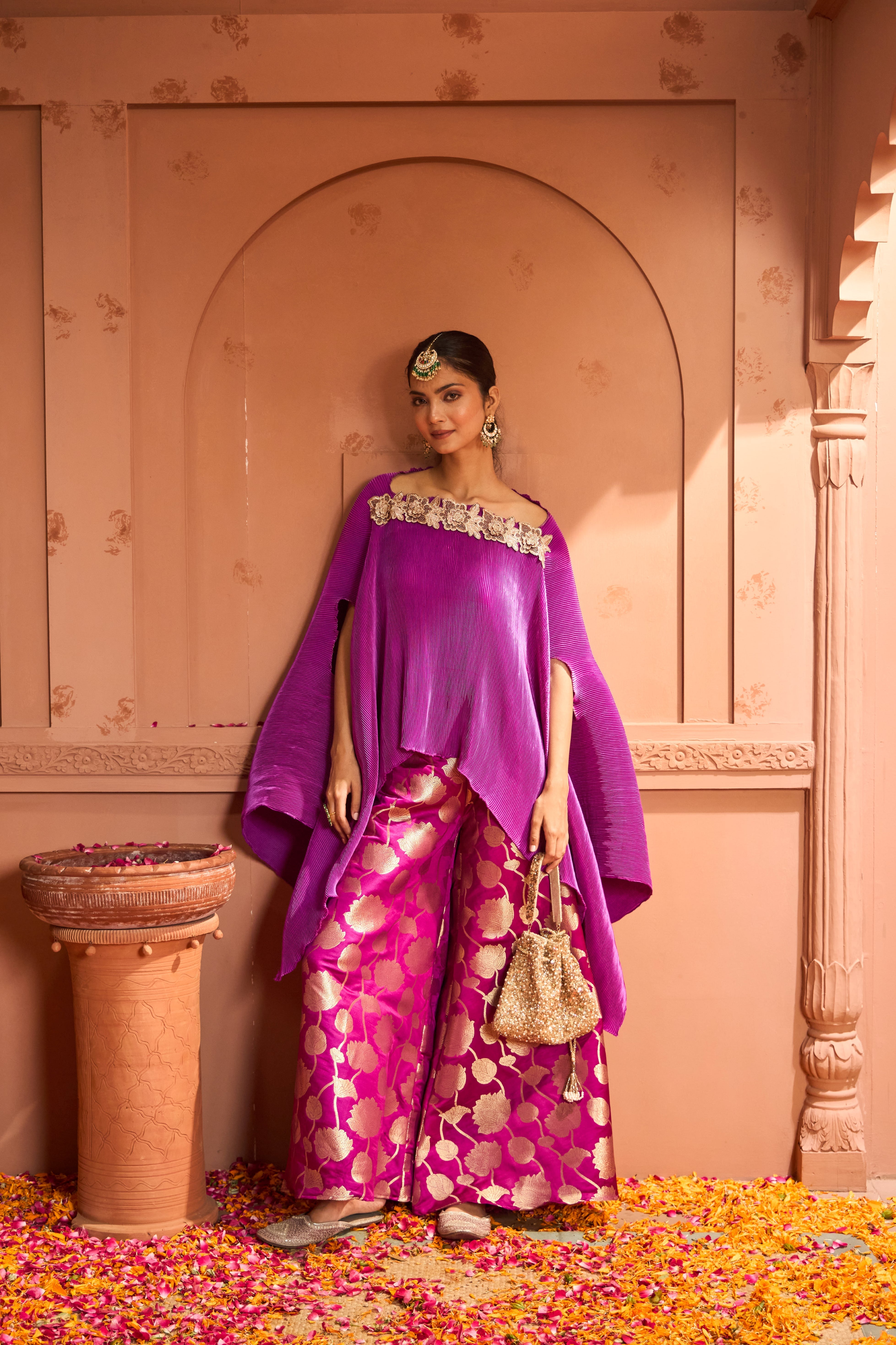 Divine Embroidered Cape Set With Banarasi Lotus Flared Pant - Hibiscus