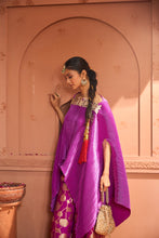 Load image into Gallery viewer, Divine Embroidered Cape Set With Banarasi Lotus Flared Pant - Hibiscus