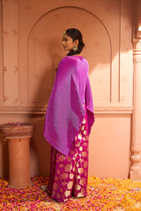 Divine Embroidered Cape Set With Banarasi Lotus Flared Pant - Hibiscus