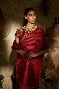 Scintillating Sewed Pleated Saree - Vermillion Red