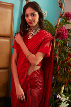 Load image into Gallery viewer, Scintillating Sewed Pleated Saree with Organza Ruffle Blouse - Red