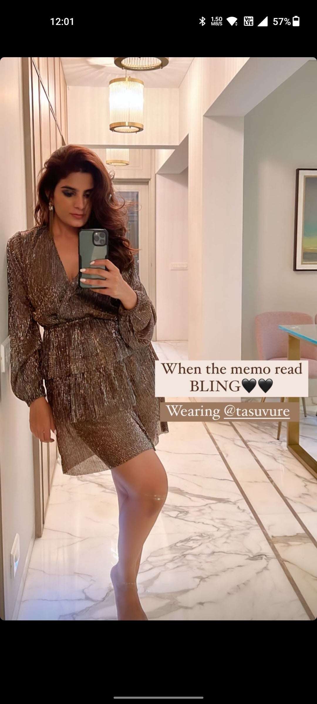 Krishna Talesara in our Divine Plunge Uptown Mini Dress - Bronzite